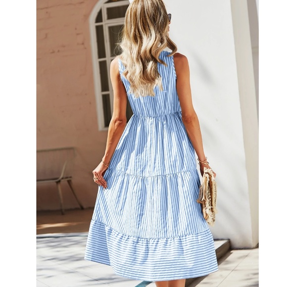 Striped Blue White V-Neck Midi Dress Sleeveless Fit & Flared - Picture 4 of 8